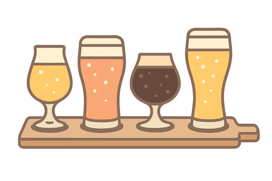 Craft beer flight showcasing four distinct beer styles on a wooden paddle for tasting experience