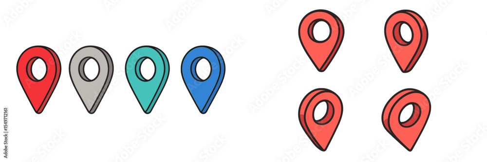 Poster Colorful map markers displayed in two distinct styles, showcasing modern design elements and aesthetics