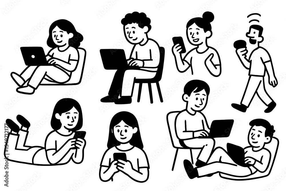 Fototapete group of diverse individuals engaged in various activities using laptops and mobile devices in a mod