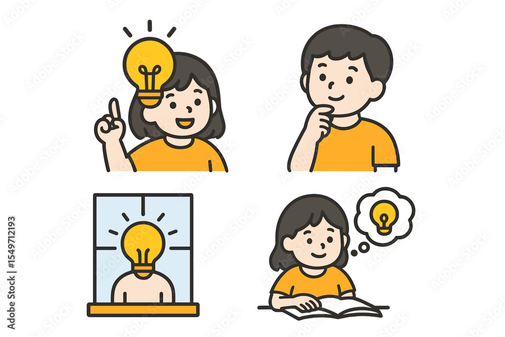 Poster Creative ideas and problem-solving concepts illustrated through various characters engaging in thoughtful activities
