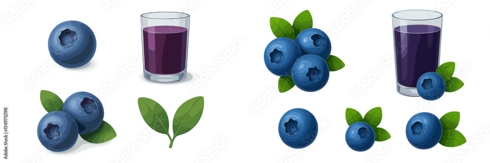 Poster Blueberries and juice displayed in various arrangements with fresh leaves on a light background