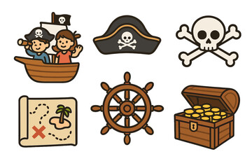 Children enjoying a pirate adventure with a ship, treasure chest, and map during a sunny day at a park event