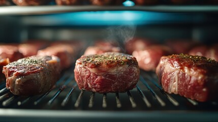 Juicy, perfectly cooked steaks grill to perfection, smoky steam billowing up in a tantalizing display at a culinary feast for meat lovers and food enthusiasts alike.
