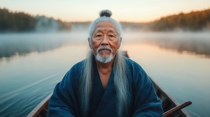 An elderly man with a serene expression rows his boat at dawn, embodying wisdom and tranquility, capturing the soft light of morning reflecting on a tranquil lake.