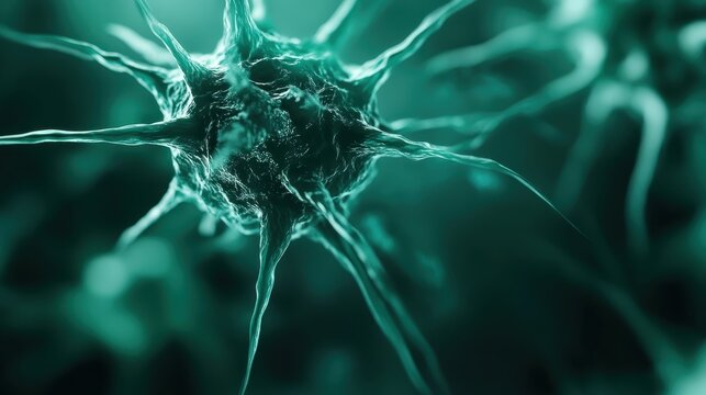 An intricate depiction of a neuron at a microscopic level, showcasing its unique structure and complexity, representing the foundation of thought and connection in the human brain.