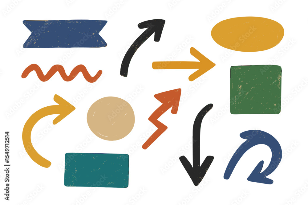 Poster Abstract shapes and arrows in various colors illustrating movement and direction in a creative design setting