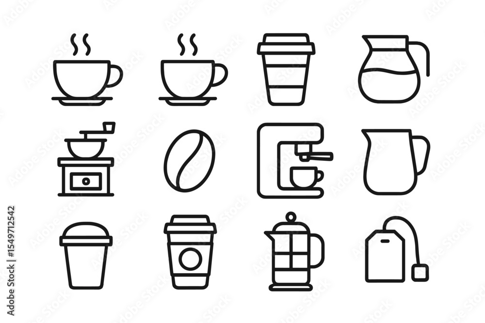 Poster coffee preparation tools and cup designs displayed in a minimalist style for coffee lovers and enthu