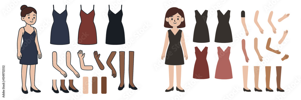Poster Character design featuring multiple dress and limb options for animation or illustration in a versatile format