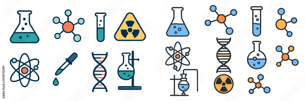 Poster Colorful science icons representing elements of chemistry, biology, and physics arranged in a structured pattern