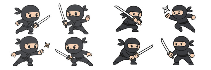 Various ninja characters in dynamic poses showcasing martial arts skills and stealth techniques
