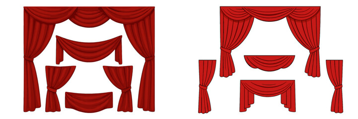 Red theater curtains design collection for artistic performances in various sizes and styles