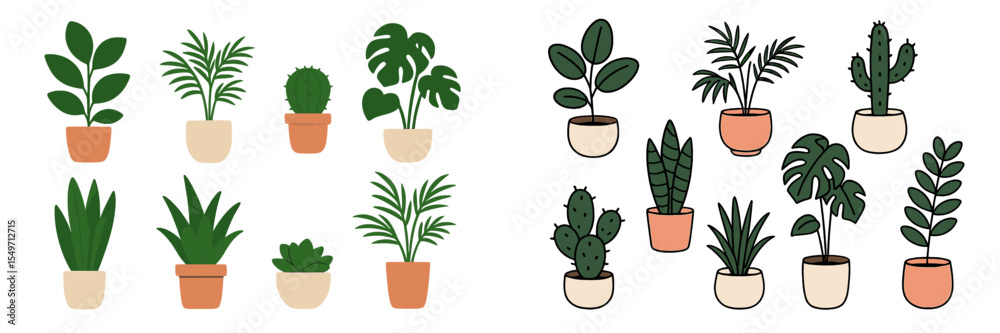 Poster collection of various indoor plants in decorative pots arranged on a bright background showcasing un