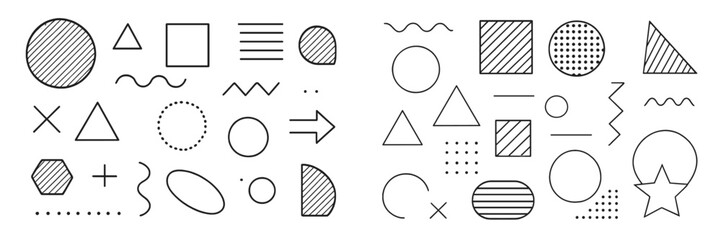 Geometric shapes and patterns filled with lines and textures create a minimalist design for various creative applications