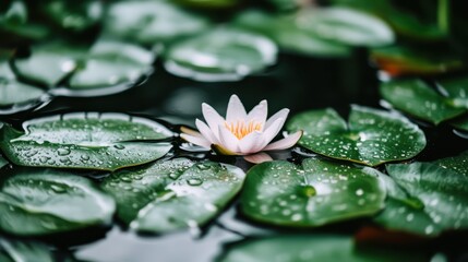 A delicate water lily blooms beautifully on vibrant green leaves in a tranquil pond, embodying peace and serenity in a natural aquatic environment.