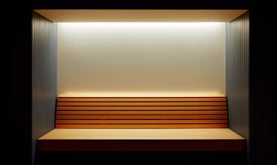 Fototapeta premium Modern indoor sauna with wooden bench, warm dimmed lighting, minimalistic design, relaxing atmosphere, and clean lines for luxurious spa experience