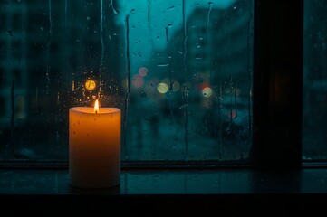 A single lit candle sits on a windowsill with raindrops on the glass creating a cozy and serene atmosphere indoors