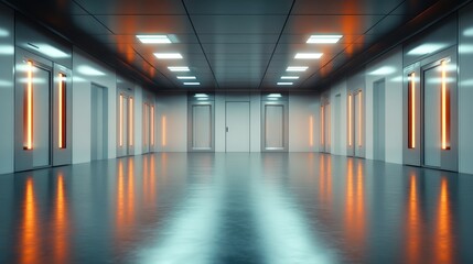 A sleek and futuristic hallway features glowing elevator doors and reflective floors, creating an atmosphere of innovation and modern design in an urban setting.