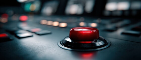 Closeup of a shiny red button on a control panel, symbolizing emergency, power, and control in a technological setting