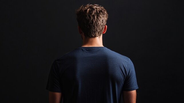 Silhouette in dark room. Young male with short hair, turned away from camera. Blue shirt. Modern minimalist photography. - Powered by Adobe