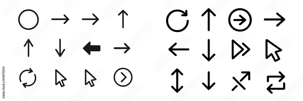 Poster Collection of various directional arrows and icons on a simple white background for graphic design projects