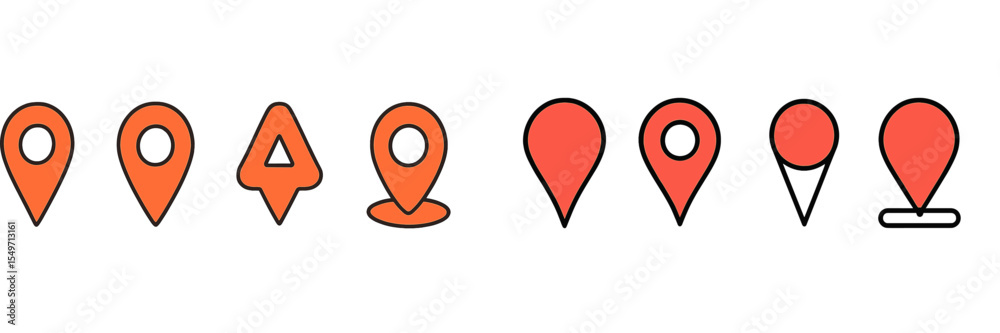 Poster Collection of colorful map pin icons representing different locations and activities in a digital design