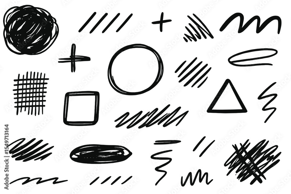 Poster Variety of hand-drawn shapes and patterns displayed on a blank background for artistic use and inspiration