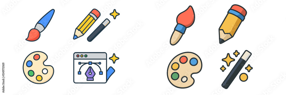 Aufkleber colorful art tools and digital design elements displayed together on a bright background for creativ
