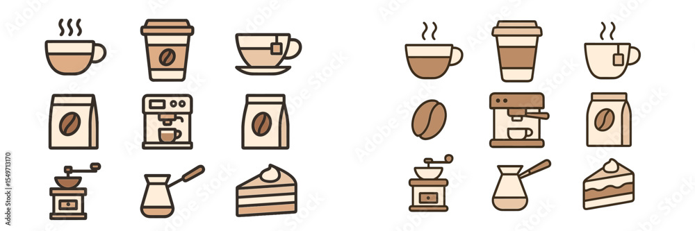 Poster stylized coffee and dessert icons arranged in a playful pattern showcasing various coffee brewing me