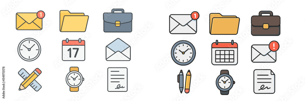 Poster collection of office icons illustrating productivity tools for organization and time management