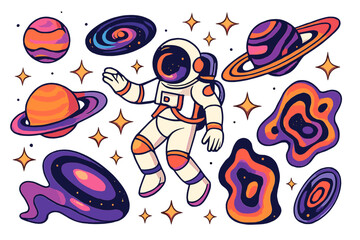 Colorful astronaut exploring a vibrant cosmic scene filled with planets and galaxies in a playful illustration
