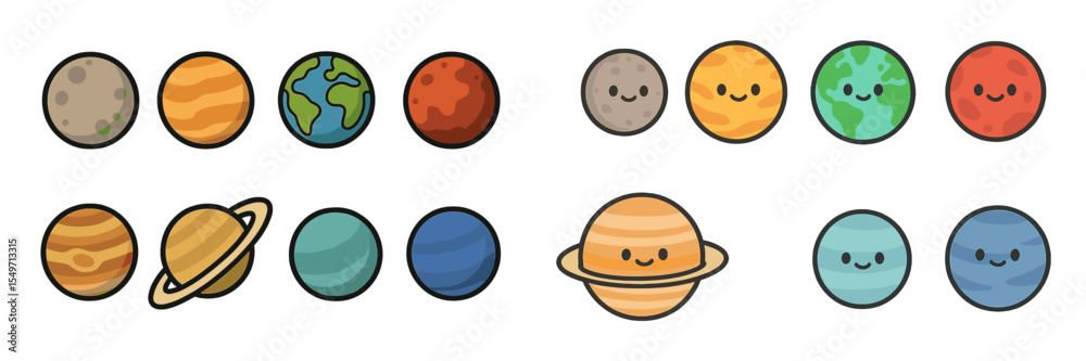 Poster cute cartoon representations of planets in a colorful layout, showing a variety of designs and expre