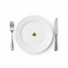 Empty white plate with a mint leaf and cutlery on a bright white background with copy space