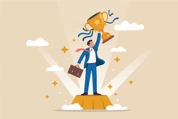 Businessman holding a trophy isolated on transparent background