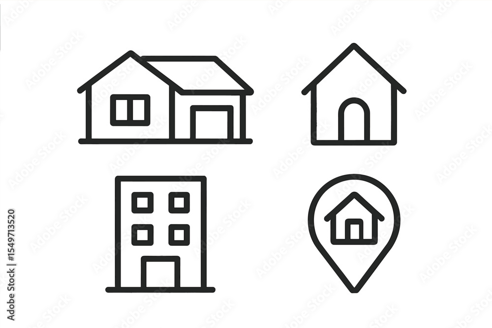 Poster simple line drawings of various home designs and a location marker against a white background