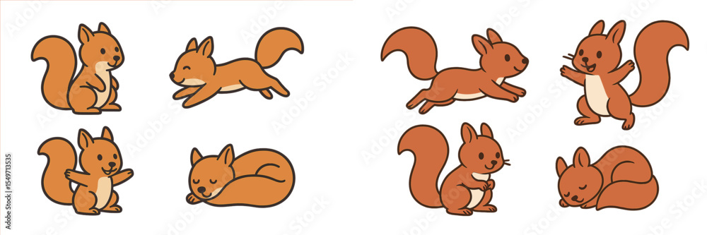 Poster cute cartoon squirrels engaging in playful activities in a colorful illustration showing their vario