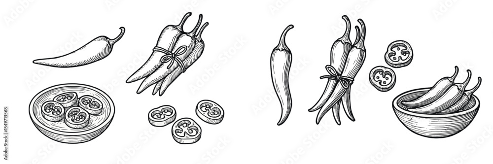 Poster various types of peppers and sliced vegetables arranged in bowls on a white background