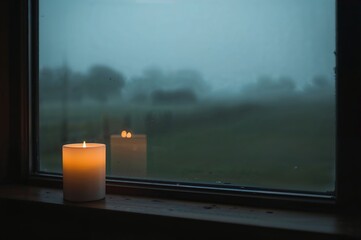 A single lit candle glows warmly on a dark windowsill with rain streaks on the glass and blurred city lights in the background