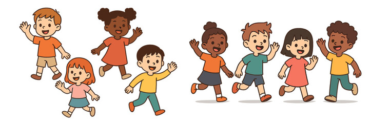 Children joyfully running together in a playful outdoor setting during a sunny day