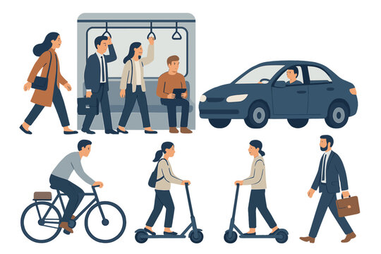 Urban commuting daily routines showing diverse transportation methods in a city