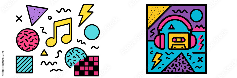 Poster Colorful geometric shapes and music elements create a vibrant visual theme with a retro cassette design