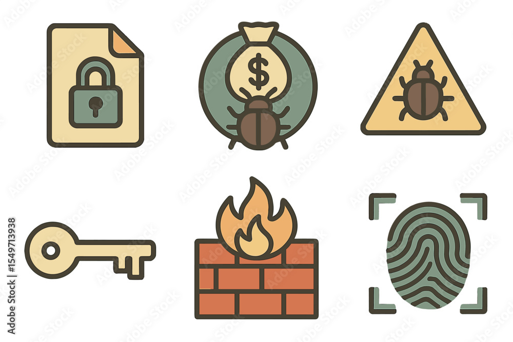 Poster security icons representing digital threats and protections in a modern environment