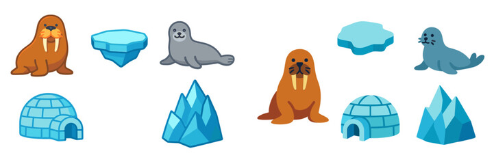 Obraz premium Cute cartoon seals and walruses with icebergs and igloos in a vibrant Arctic setting