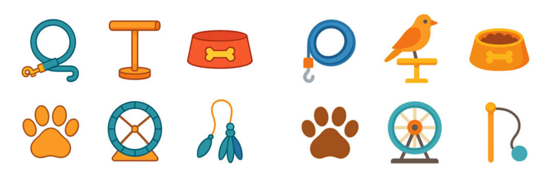 Collection of pet care icons representing essential supplies and equipment for animal lovers and pet owners