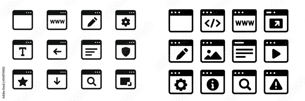 Aufkleber collection of black and white web icons representing various digital activities and tools on a grid 