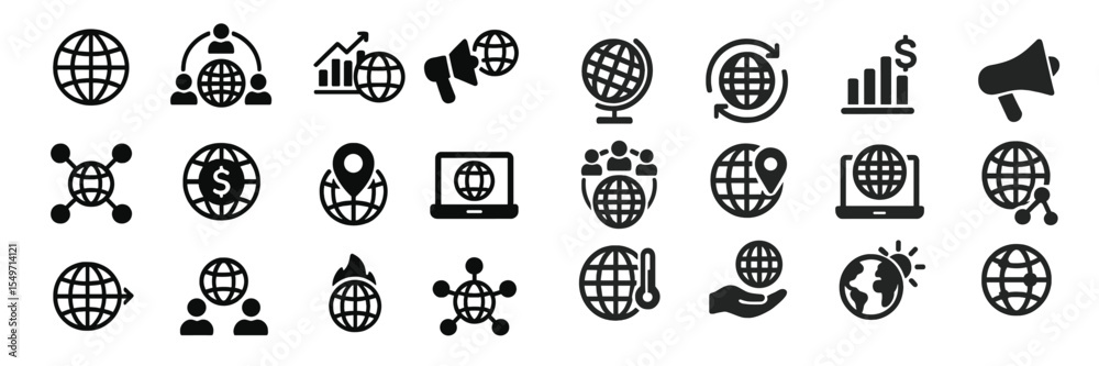 Poster globes and icons representing global connectivity, trade, and communication in a digital context use
