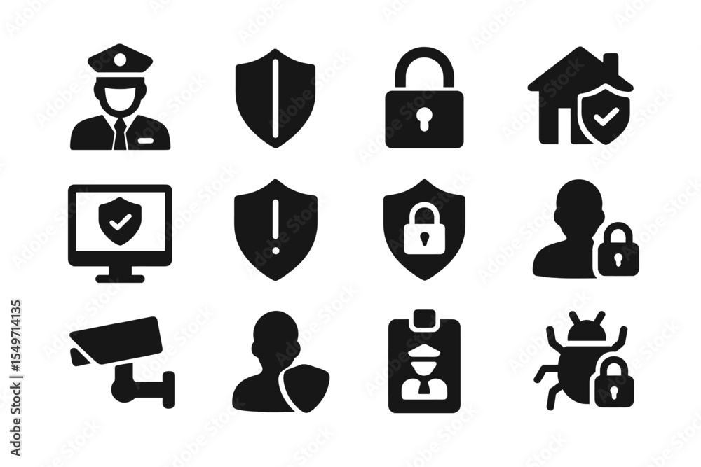 Poster Security icons representing safety measures for online protection and physical security in various environments