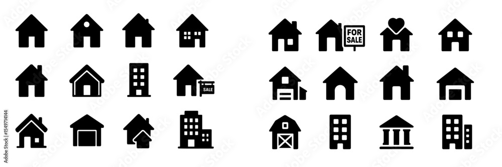 Aufkleber collection of various house icons representing different residential styles and sale options in a mi