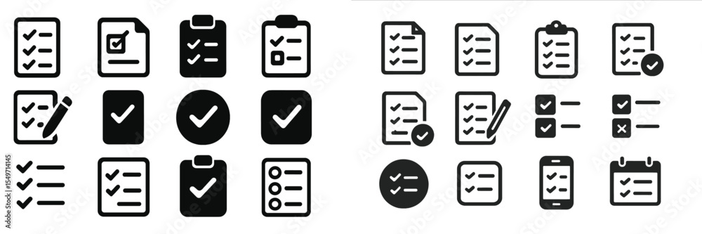 Poster diverse collection of checklist icons illustrating various tasks, forms, and to-dos in black and whi