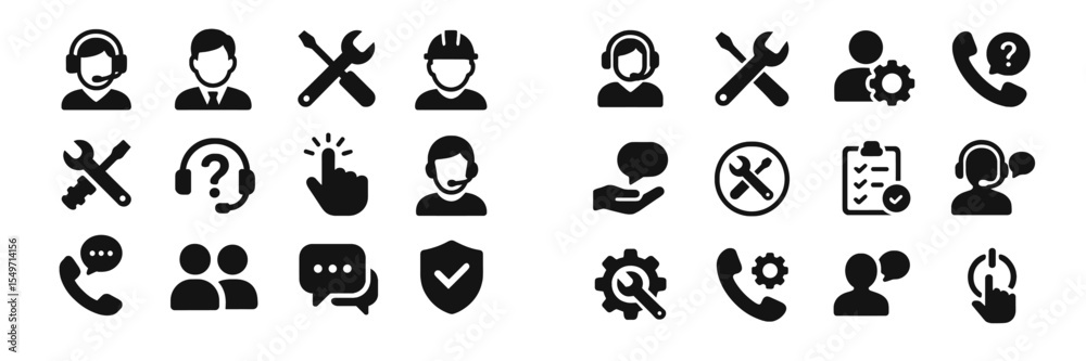 Poster collection of customer service and support icons in black and white representing various service rol