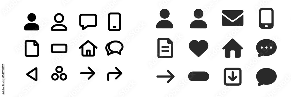 Poster collection of modern icons representing communication, social media, and user interaction across var